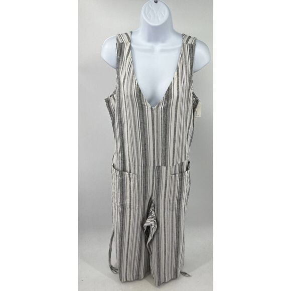Beach Lunch Lounge Striped Linen Jumpsuit Size Large Wide Leg Cropped Romper - Picture 1 of 12
